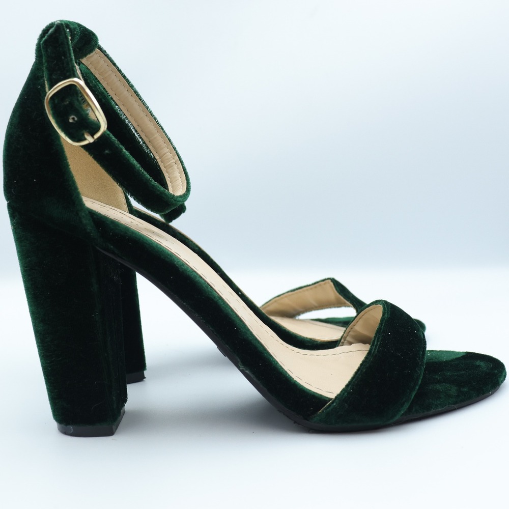 Christmas Green Velvet Ankle Strap Y2K 90s Block Heel 7.5 Shoes Holiday Party